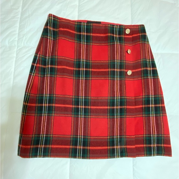 Talbots 8 Red/Green Classic Plaid A-Line Mock Wrap Skirt - Picture 3 of 9
